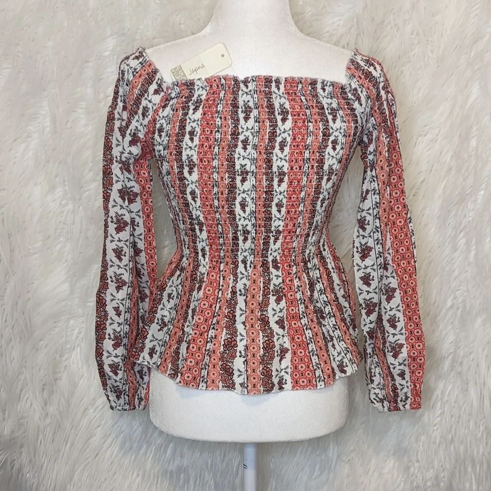 Japna ☆ NWT Women's XS Boho Floral Pleated Long Sleeve Top Flared Bottom - Picture 5 of 9